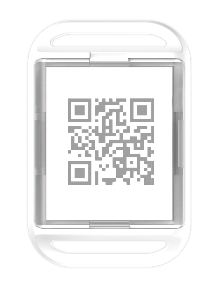 White Bluetooth asset tag with a QR code and zip-tie mounting slots