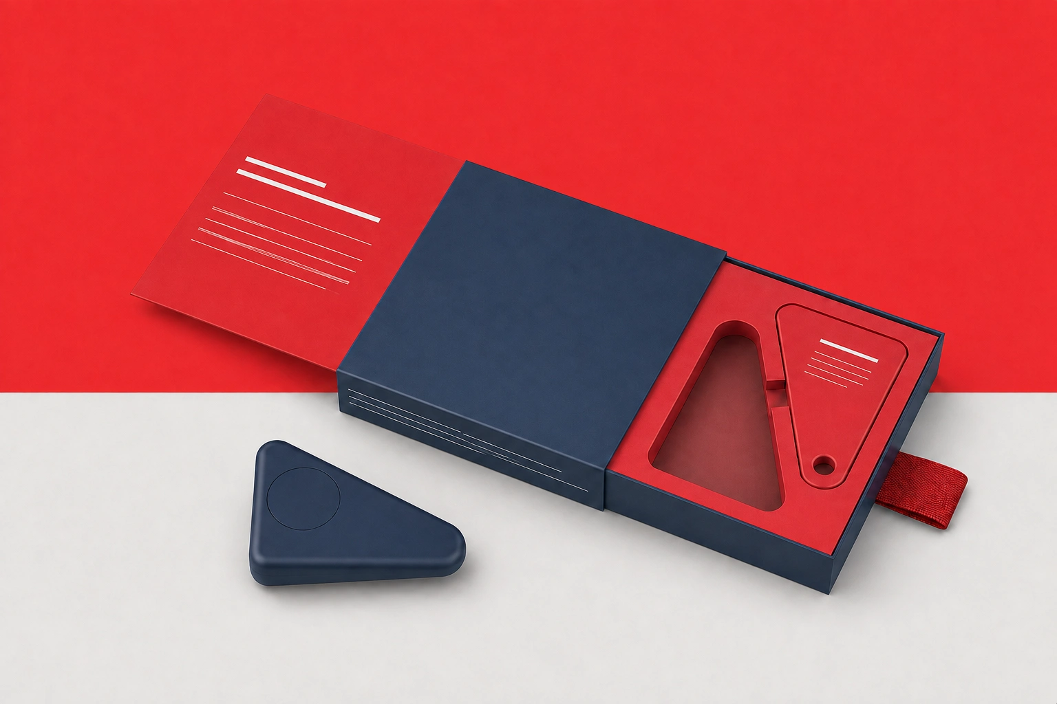 Isometric navy and red presentation box with line mockup printing and a blank navy triangular tag in the foreground