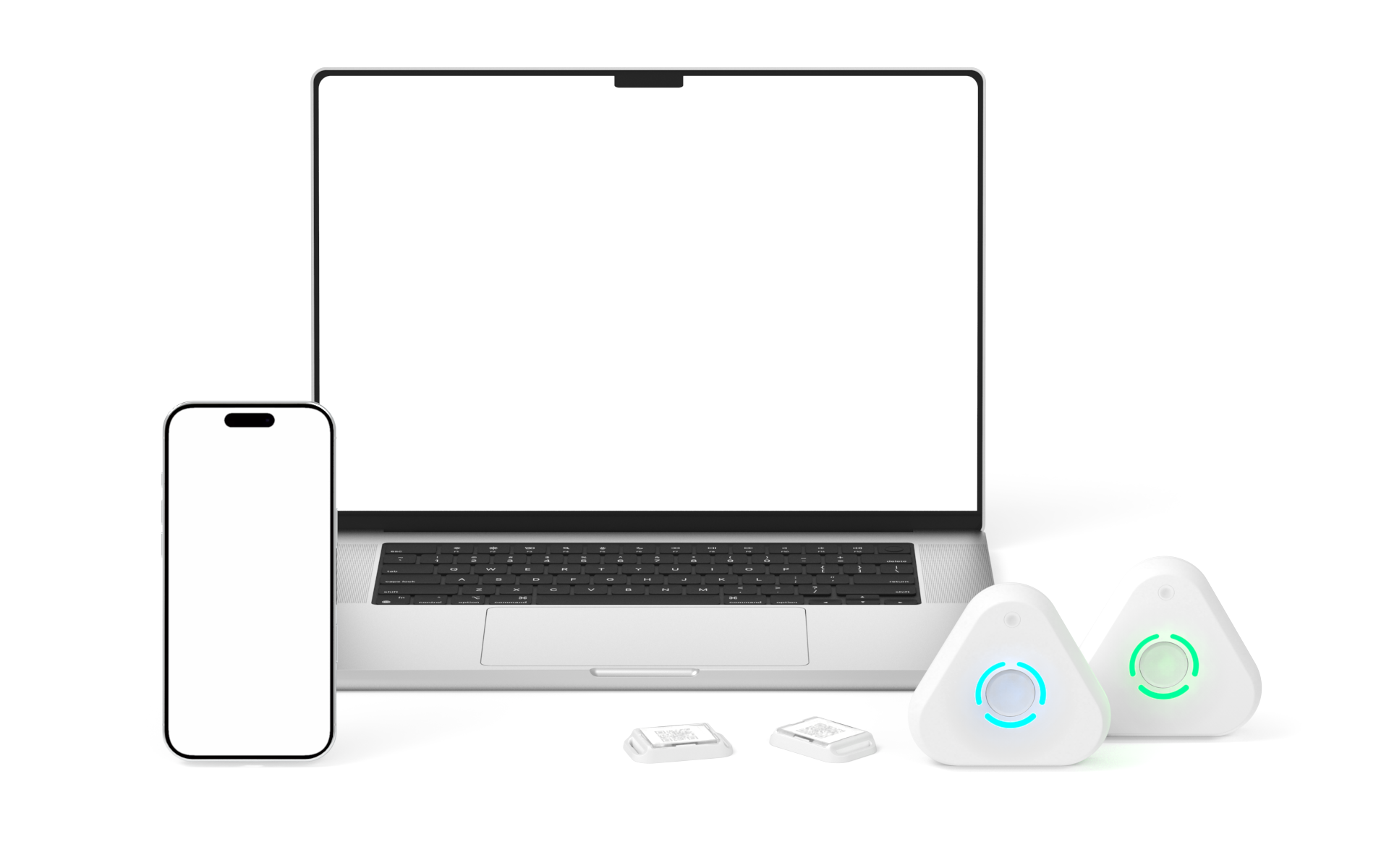 Laptop and phone alongside Estimote anchors and asset tags