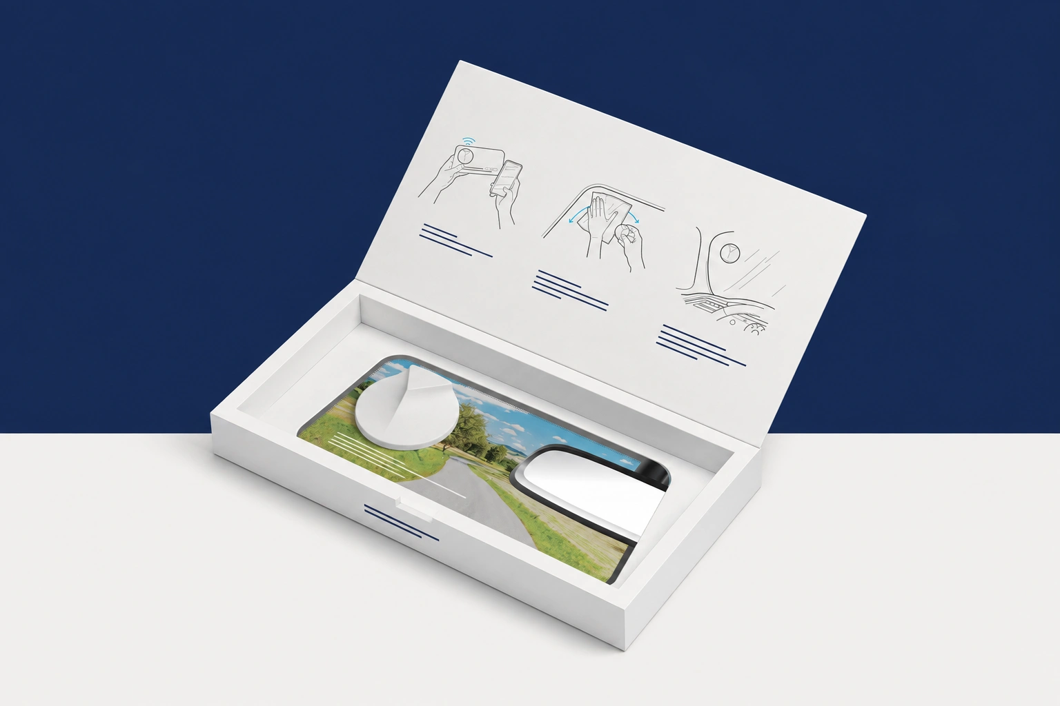Isometric open white vehicle beacon kit with illustrated instructions and line mockup printing