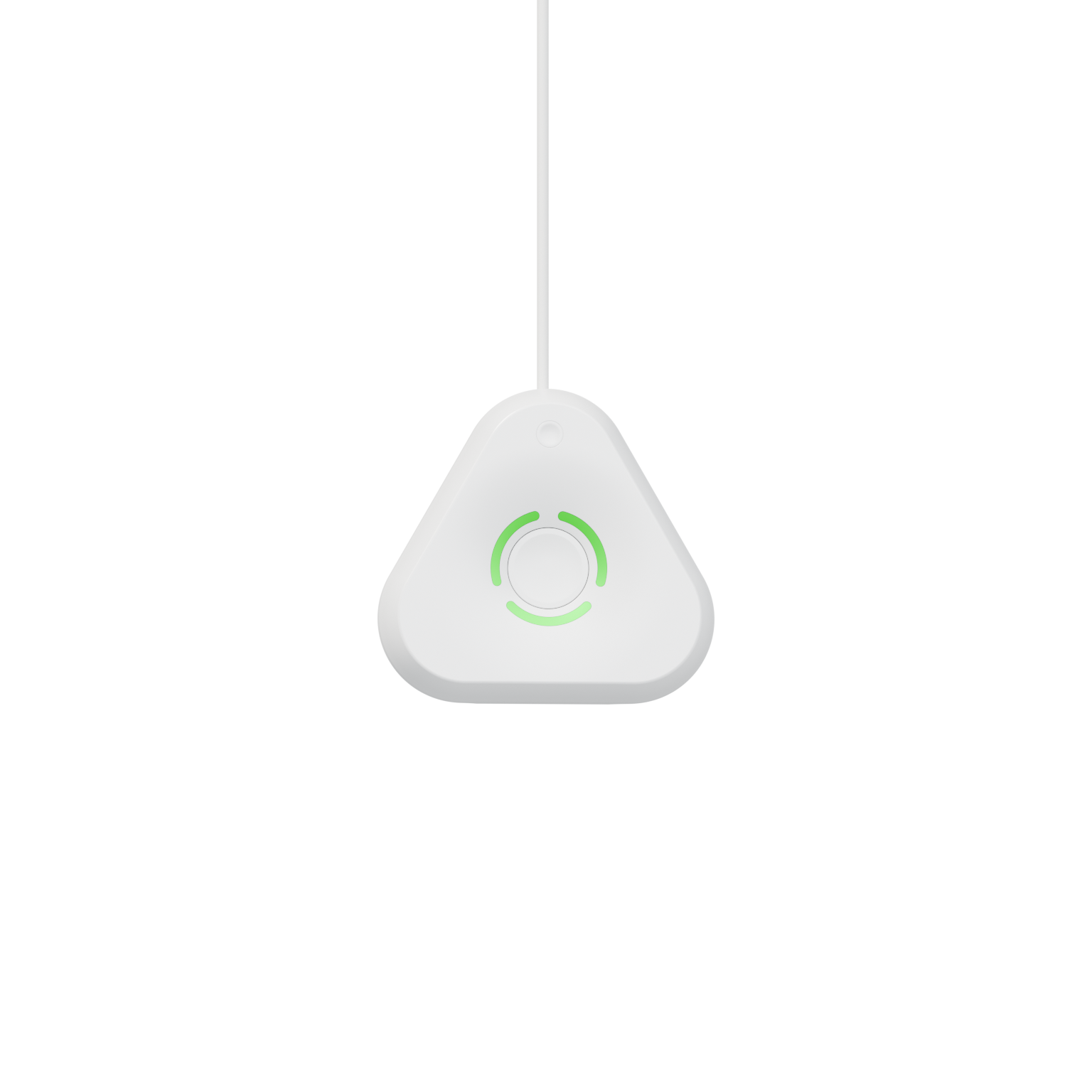 An Estimote UWB anchor mounted high on the nearest column, with a thin white power cable running up the column