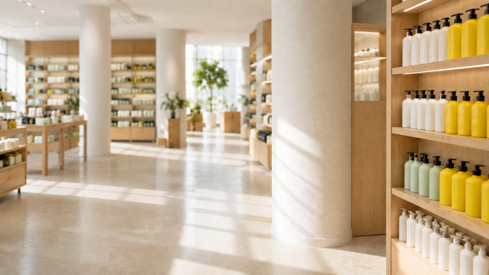 A bright cosmetics store with pale oak shelves, yellow shampoo bottles, greenery and softly blurred aisles