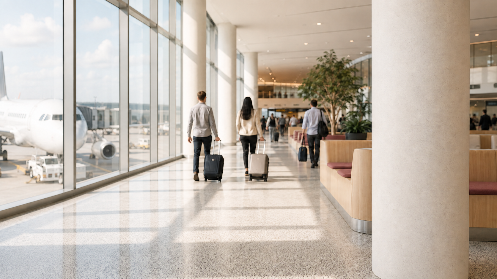 A bright airport terminal with aircraft outside the windows, travellers with luggage, greenery and pale wooden seating