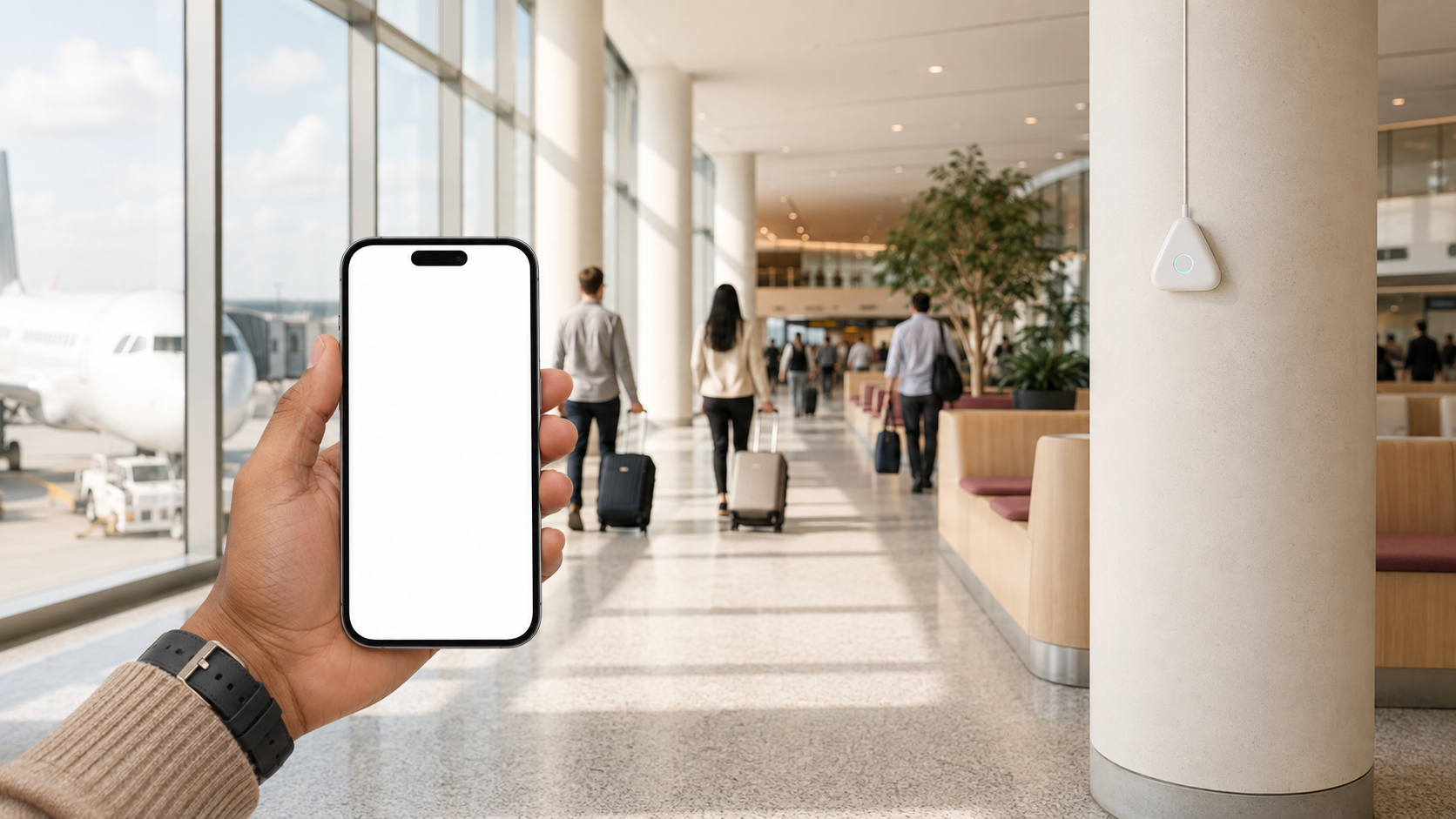 A passenger holding a phone on the left
