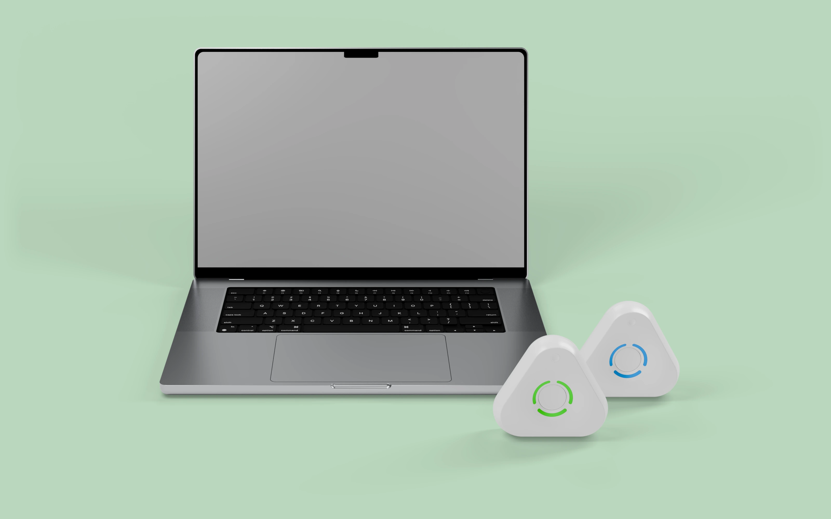 A laptop with two Estimote UWB anchors