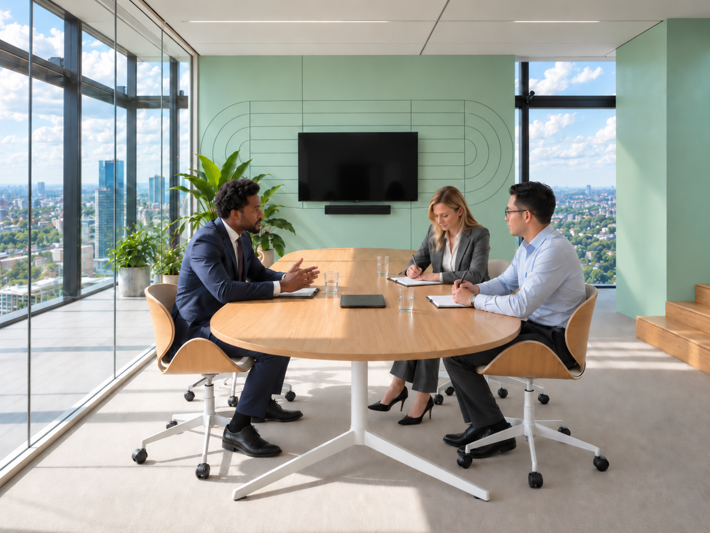 Three colleagues in a bright sage-green meeting room